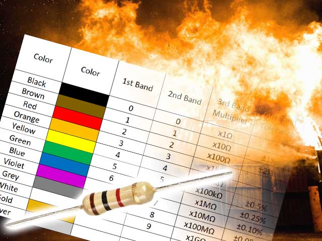 A resistance colour code chart overlaid on a picture of a building on fire.